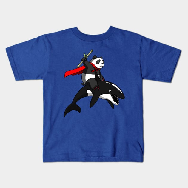 Panda Bear Riding Orca Whale Kids T-Shirt by underheaven